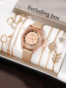 7pcs/Set Women's Quartz Watch With Leather Bracelet, Ladies Analog Watch With Dress Bracelet, Luxury Fashion Watch Set - Khaki - View 1