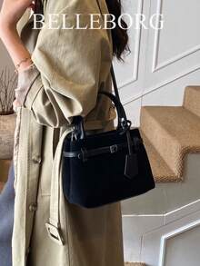 BELLEBORG 女款小方型手提包，撞色休閒通勤風，復古帆布扣飾，百搭款 - 黑色 - 查看 6