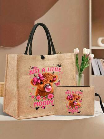 Khaki Leinen Handtasche Set mit Highland Kuh Muster, süßes rosa Schleifenherz Design mit süßer Kuh & schottischer Kuh & Highland Kuh Muster, Damen Leinen Shopper mit großer Kapazität, personalisierbare Geschenktasche, Pendler Tasche und Reißverschluss Kosmetiktasche mit Handgriff, geeignet für Hochzeiten