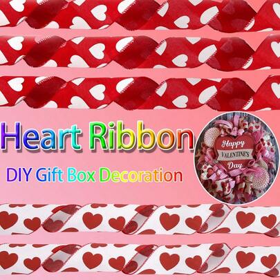 1 Roll Heart-Shaped Ribbon, Gift Ribbon, Decorative Satin Ribbon With Heart Pattern, Suitable For Gift Wrapping; Korean Handmade Woven Rope, Can Be Used For Flower Arranging, Birthday Gift Box Packaging, Making Bows And Bouquets; Floral Satin Ribbon, Can Be Used For Cake Packaging, Gifts, Valentine's Day And Back To School Decorations.