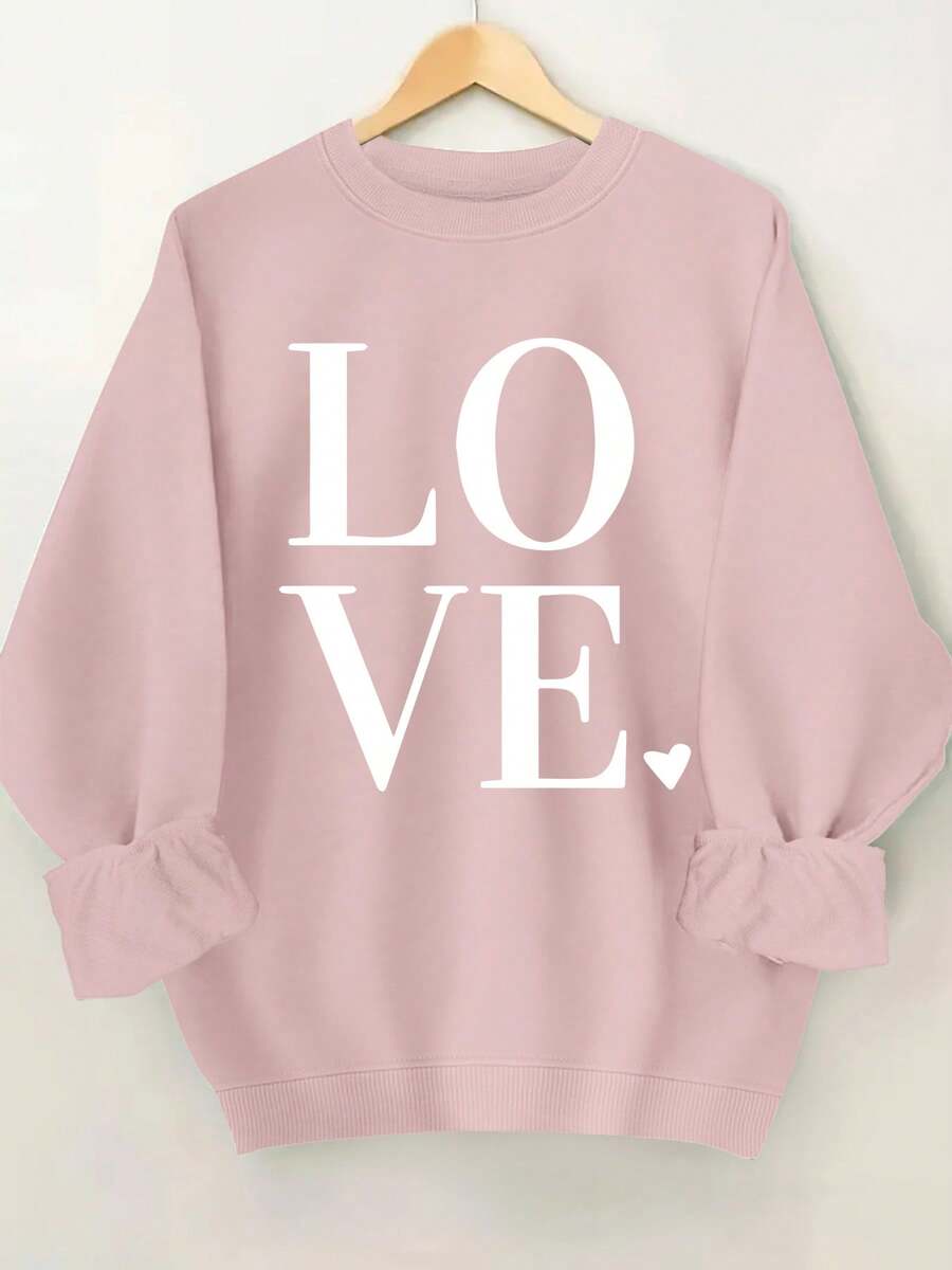 2026 New Year Cotton Sweatshirt Plus Size Love Print Sweatshirt, Casual Long Sleeve Round Neck Pullover Sweatshirt, Women's Plus Size Clothing Loose And Comfortable Winter Clothes For Women - 粉紅色 - 查看 1