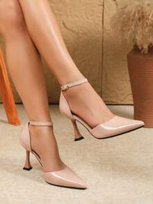 9cm Elegant Pointed Toe Adjustable Buckle Strap Stiletto High Heel Shoes, Mirrored PU Material Apricot Color Kitten Heel Pumps, Comfortable & Versatile For Daily, Party, Office, Formal Wear - Apricot - View 2