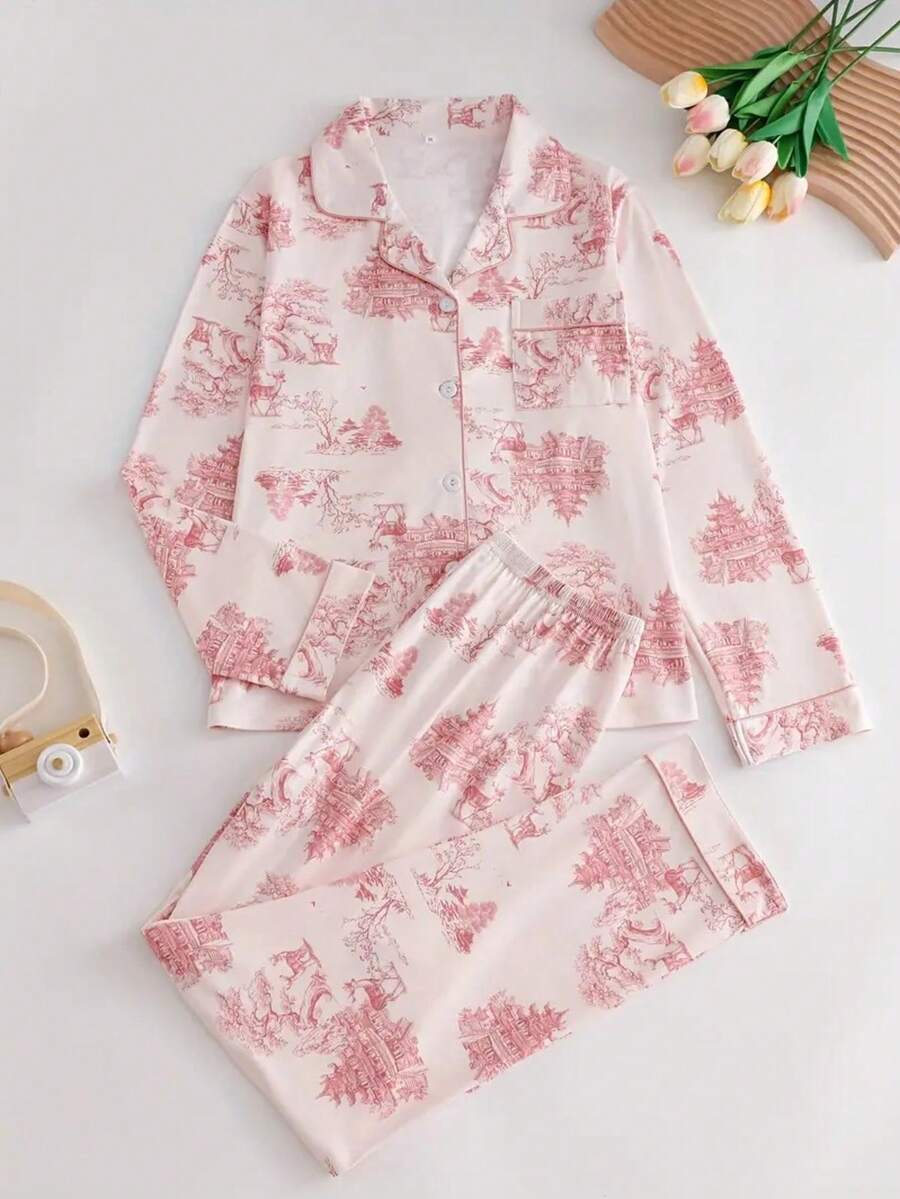 2pcs Plus Size Women Elegant Sleepwear Set With Ink Painting Design - Comfortable Long Sleeve Button-Up Top And Relaxed Pants, Spring/Summer/Autumn Loungewear - Baby Pink - View 1