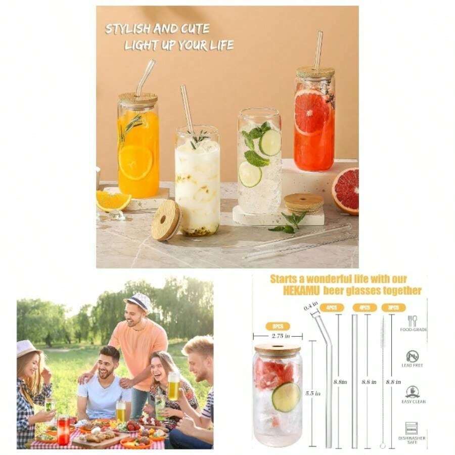 8 PCS 16 Onzas Vasos de Vidrio para Beber, Tipo Lata De Vidrio Con Tapas Popotes Y Cepillo De Limpieza, para Cerveza Taza de Cctel Adecuados de Caf Helado Vasos, Copas Cola Y Zumo 8 - 8 - Ver 1