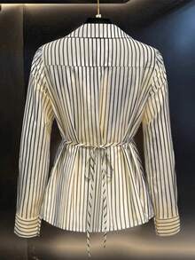 女士春秋新款V领系腰休闲长袖衬衫 - 黑與白 - 查看 2