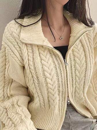 休闲纯色拉链短款开衫，秋冬季