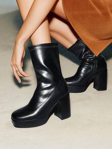 Women's Chunky Platform Mid-Calf Boots Waterproof Square Toe Fashionable Lightweight Comfort Elegant Bright Solid Color Side Zipper Classic For Parties Dress Festival Ankle Go Go BLack Boots - 黑色/PU - 查看 4
