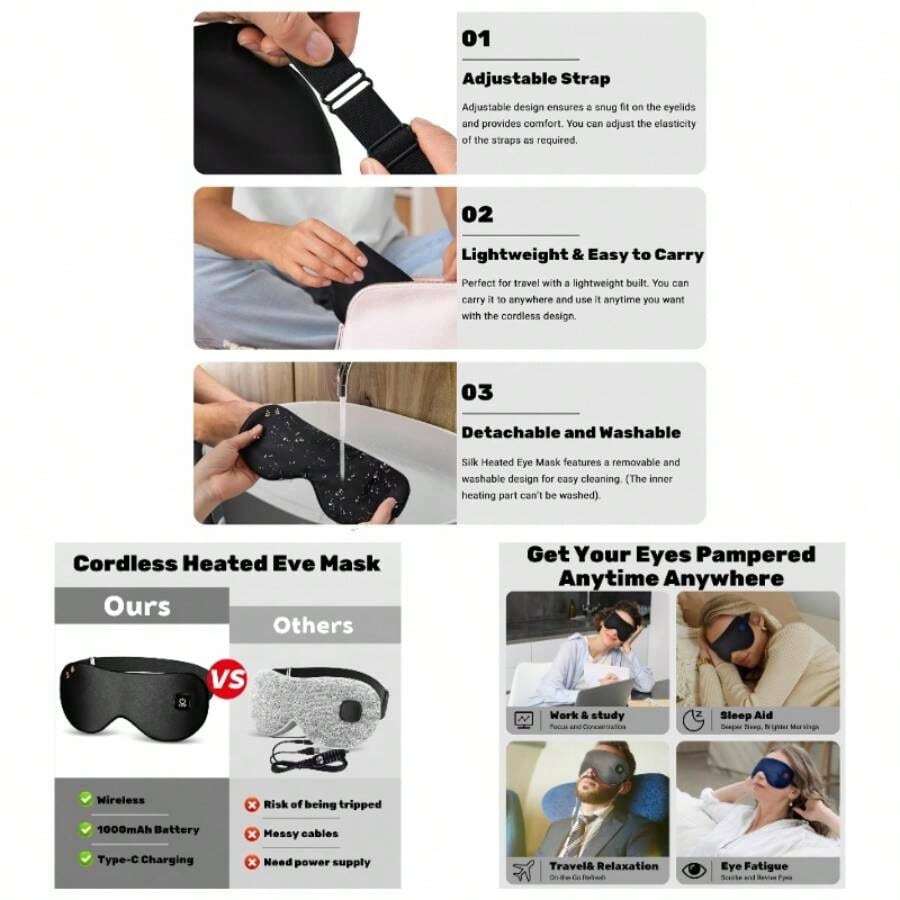 Antifaz Trmico De Seda Inalmbrico Para Ojos Secos, Antifaz Para Dormir Con Compresas Clidas Que Bloquean La Luz Y 3 Ajustes De Calor, Almohadilla Trmica Lavable Para Migraas, Para Vi - Negro - Ver 1