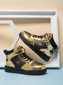 Boys' High-Top Leather Spider & Letter Print Anti-Slip Durable Hook And Loop Fashionable Mid-Top Sneakers - Black - View 7