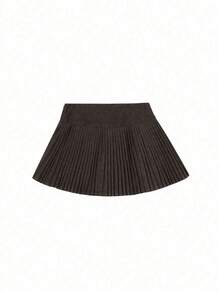 Women's Fashionable Pleated Mini Skirt, Non-Stretch Woolen Fabric, Casual A-Line Knee-Length Skirt, Suitable For Autumn/Winter - Coffee Brown - View 4