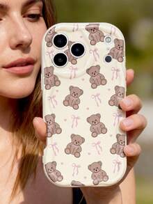 1pc Cute Girl Style Bow Teddy Bear Full Screen Pattern Cream Soft Phone Case, Compatible With IPhone 11/12/13/14/15/16/17 Pro Max - Multicolor - View 5