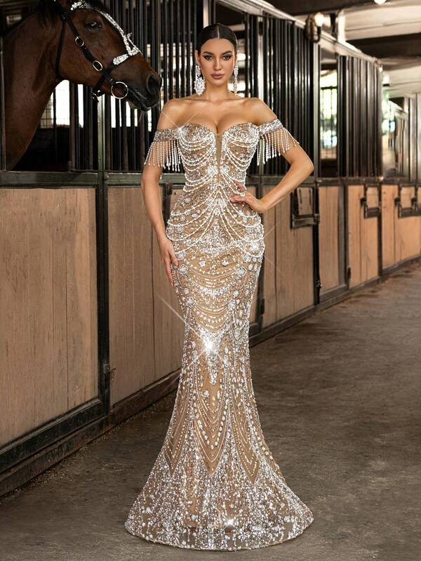 Striking Sleeveless Cold Shoulder Formal Dress Beading Sequins Evening Gown Fringe Details Mermaid Maxi Dresses