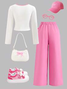 2pcs/Set Tween GirlsSpring/Autumn Bow Collar Long Sleeve T-Shirt + Bowknot Cargo Pants Outfit, Suitable For Girls Casual, Sports, School Outings