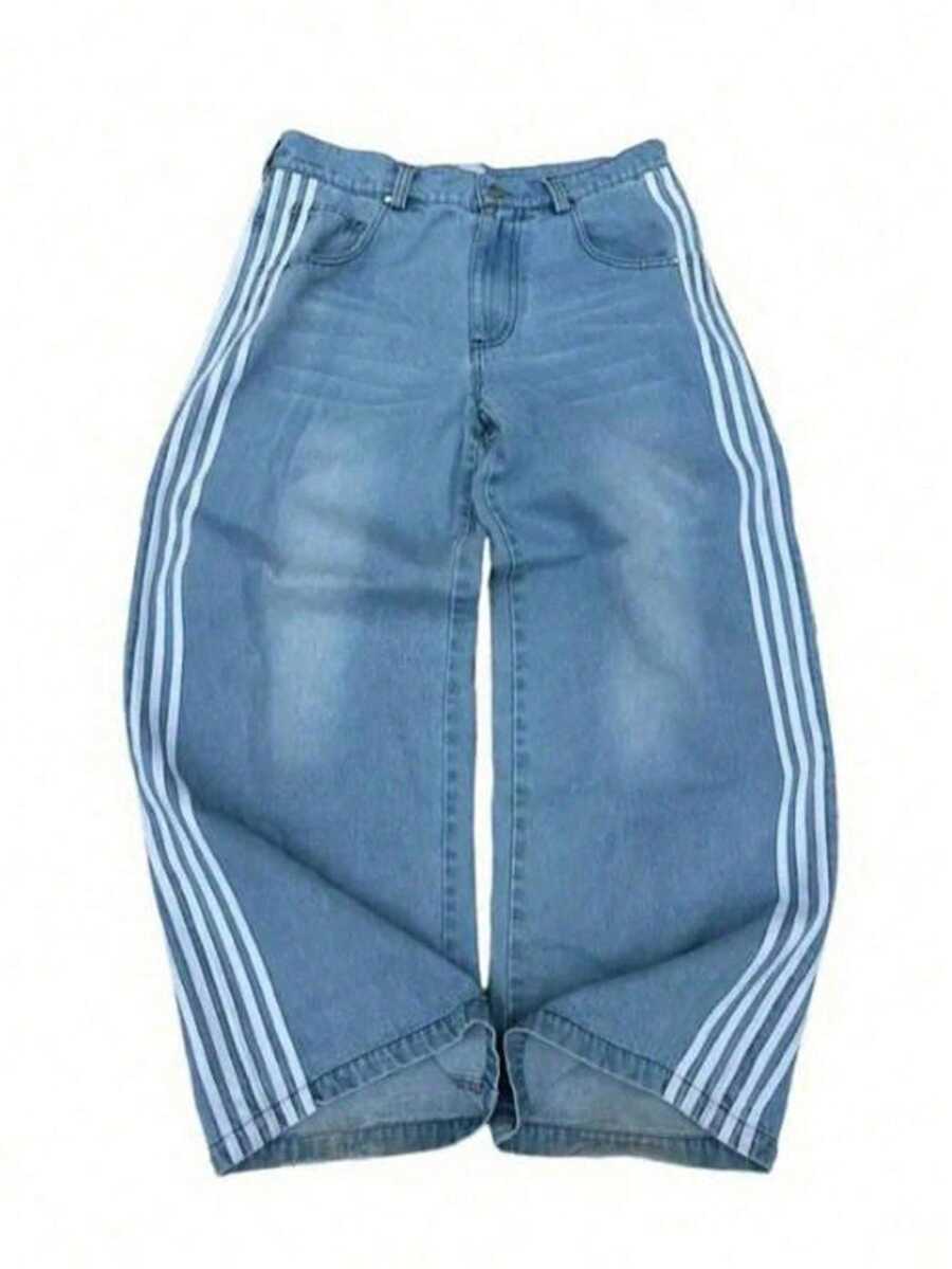 Vaqueros de pierna ancha para hombre Y2K, vaqueros con estampado de rayas a la moda, estilo americano, cintura elástica vintage, vaqueros elásticos con bolsillos. - Azul - Ver 1