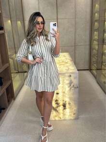 Women's Striped Midi Dress With Shirt Collar And Bishop Sleeves, Casual, With Buttons, Asymmetrical Hem, Summer And Beach. - 淺灰色 - 查看 3