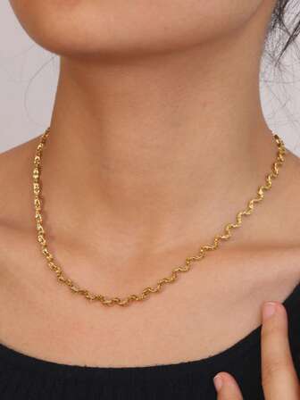 Cring Coco 1ชิ้น สร้อยคอแฟชั่นโบฮีเมียนเรียบง่ายเป็นคลื่น สแตนเลส 304 สีทอง ดีไซน์เรียบง่าย เหมาะสำหรับผู้หญิง ใส่ได้ทุกวัน งานกาล่า ปาร์ตี้ วันหยุด เทศกาลดนตรี วันวาเลนไทน์ งานรื่นเริง เครื่องประดับ ของขวัญ