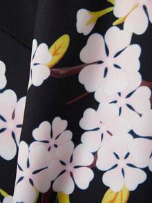 Japanese Retro Loose 3/4 Sleeve Cat Samurai & Cherry Blossom Print Kimono Cover Up, Summer Beach Vacation Coverup Robe Yukata Lightweight Jacket