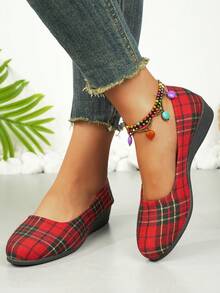 Women's Plaid Bow Decor Round Toe Casual Versatile Daily Wear Slip-On Wedge Shoes, Suitable For Christmas, Halloween, Commuting, Party - Light Board - View 2
