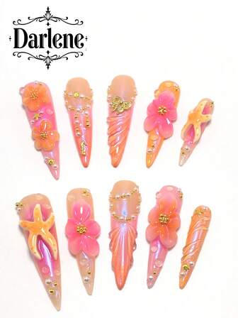 Each Set Includes 10 Pieces Of Handcrafted Y2K Stiletto Acrylic Nails, Featuring A French Design Adorned With Rhinestones, Starfish, Butterflies, And Floral Embellishments. Available In Multiple Tones And Nude Shades, These Press-On Nails Come In 3 Sizes To Fit Various Needs, Perfect For Parties, Galas, And Daily Wear. A Complimentary Manicure Toolkit Is Included, Making It An Ideal Gift For Women And Girls.