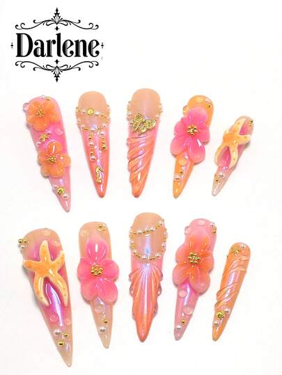 Each Set Includes 10 Pieces Of Handcrafted Y2K Stiletto Acrylic Nails, Featuring A French Design Adorned With Rhinestones, Starfish, Butterflies, And Floral Embellishments. Available In Multiple Tones And Nude Shades, These Press-On Nails Come In 3 Sizes To Fit Various Needs, Perfect For Parties, Galas, And Daily Wear. A Complimentary Manicure Toolkit Is Included, Making It An Ideal Gift For Women And Girls.