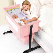 3-In-1 Baby Crib,Bedside Bassinet, Baby Bed With Storage Basket,Easy To Fold,6 Adjustable Height Portable Crib For Infant/Newborn,Baby Need,Baby Stuff - Pink - View 12