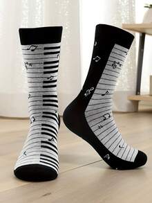 1 Pair Women's Musical Piano Key Graphic Mid-Calf Socks, Casual Music Themed Socks Suitable For Daily Wear - Multicolor - View 7