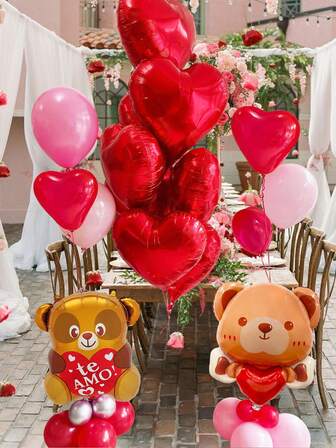 17件套爱心熊气球套装，包含拥抱熊和心形铝箔气球，适合情人节派对、“Te Amo”气球套装、我爱你气球、求婚、婚礼、周年纪念装饰、营造浪漫氛围、爱情主题、房间装饰