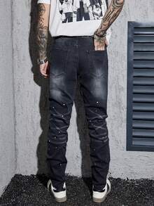 1 pieza Jeans ajustados y acampanados con estiramiento para hombres, de moda y versátiles para uso casual diario y ropa de calle - Negro - Ver 3