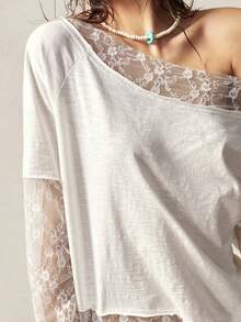 Womens Lace Splicing Mesh Top Long Sleeve One Shoulder Solid Color Lace Trim Vintage Shirt Stylish Chic Boho Party Club Top Blouse  For Vacation Outfits Holiday Outfits Going Out Outftis - trắng - Xem 6