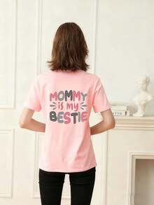 Tween 女童休闲图案印花圆领短袖 T 恤，夏季上衣 - 粉色 - 查看 2