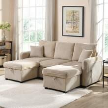 Multifunctional Corner Sofa, U-Shaped Three-Seater Upholstered Sofa With Storage Function – Including Drawers And Ottoman With Storage Compartment, Modular Sofa Set With Sleeping Function, Corduroy Fabric - 米色 - 查看 10