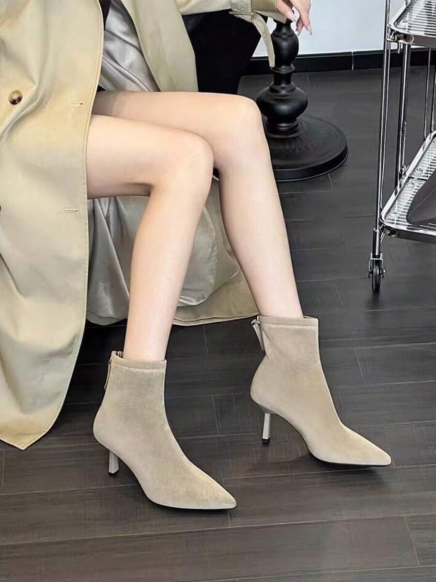 Cizme scurte cu toc subțire și vârf ascuțit pentru femei, toamnă/iarnă 2025, cizme la modă elastice din piele întoarsă - Kaki - Vizualizare 1