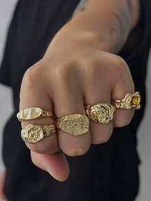 5pcs Vintage Creative Metal Gold Rings Set, Asymmetric Abstract Gemstone Rings, Punk Style Stackable Rings For Men