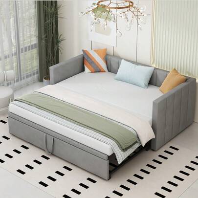 Polyester Bed, Fold-Out Sofa Bed 90/180*200 Cm With Slatted Base, Multifunctional Bed Made Of Skin-Friendly Grey Velvet Fabric, Old SKU LDU00058AAG