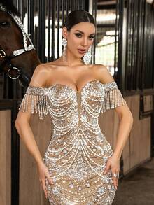 惊艳的无袖露肩正式礼服，饰以珠子、亮片和流苏细节，美人鱼长款礼服，适合春季婚礼派对 - 香檳色 - 查看 7