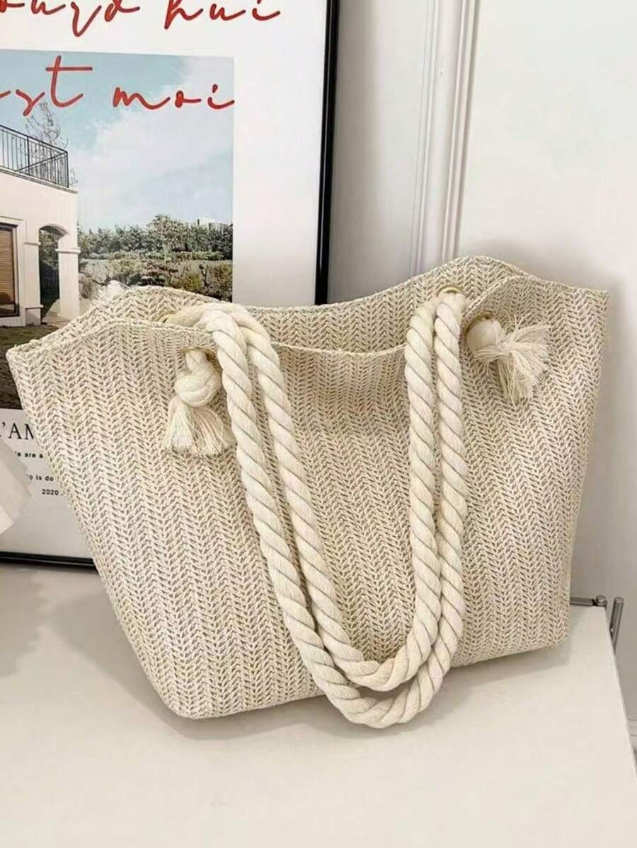 2025 New Country Style Multi-Purpose Women's Shoulder Bag, Casual Large Capacity Tote Bag, Woven Straw Bag, Beach Bag, Relaxed Vibe - Beige - View 1
