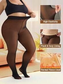 220g Mallas térmicas forradas cómodas y de talla grande para mujer, color caramelo, pantalones pitillo opacos para invierno - Óxido marrón - Ver 4