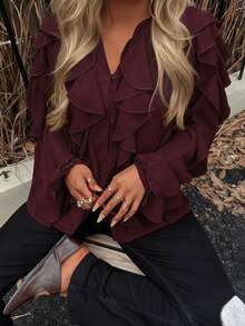 Stylish Solid Color Front Button Pleated Ruffle Hem Long Sleeve Top For Women Women's Elegant V-Neck Long Ruffle Sleeve Button Front Top - Burgundy - View 2