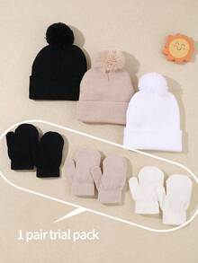 3 Pieces Set Consisting Of Knitted Hats And Gloves In Black, White And Beige Color Schemes. It Is A Warm-Keeping Set For Autumn And Winter, Suitable For Babies Aged 0 To 3 Years Old.