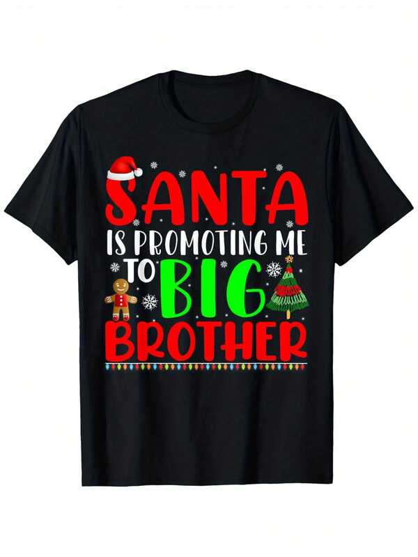 Men'S Funny Christmas T-Shirt - "Santa Is Promoting Me To Big Brother" Graphic Tee - Black Crew Neck Shirt With Red Text - Casual Holiday Party Outfit - All-Season Casual Attire - Regular Fit Short Sleeve Top For Men & Teens - Funny Family Matching