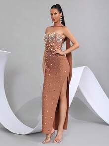 Beaded Decor Strapless High Slit Bandage Bridesmaid Dress, Holiday Party Bandage Dress - Brown - View 4