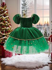 Young Girls' Puff Sleeve Printed Mesh Bow Velvet Elegant Party Dress, Suitable For Christmas Party, Family Gathering, Without Headband - Dark Green - View 5