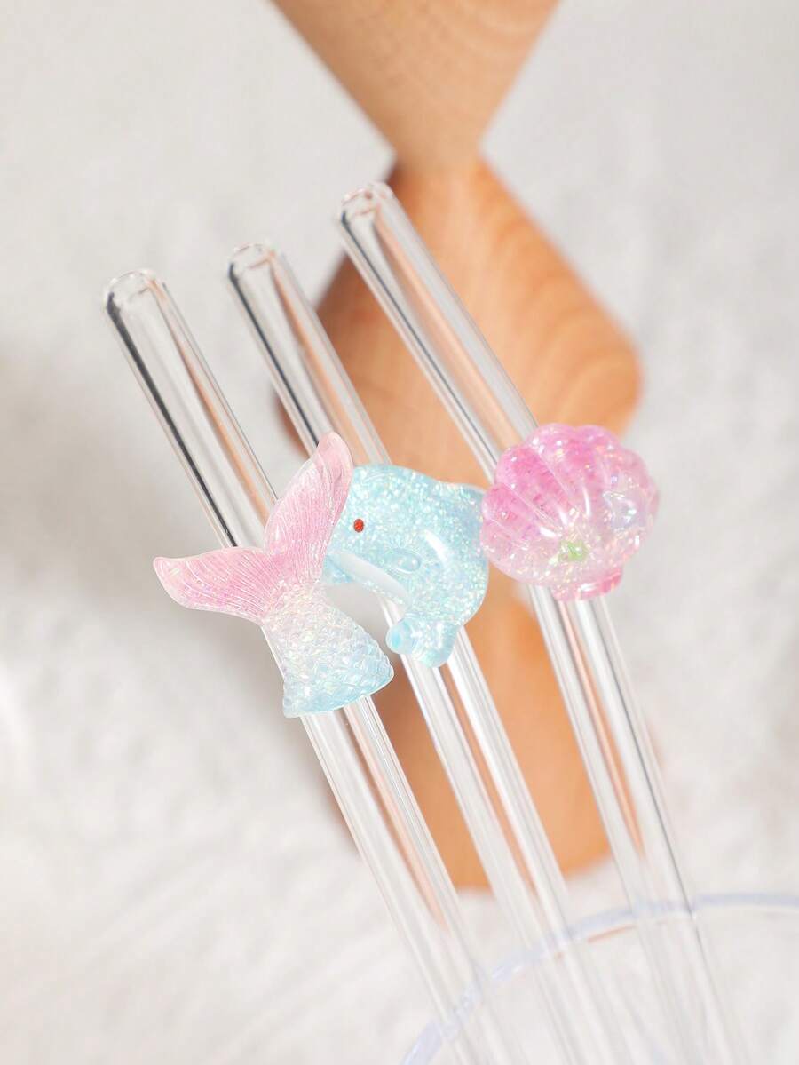 1-5支/套可重复使用玻璃吸管，带有闪亮的海洋动物装饰（水母、海星、美人鱼尾巴、海洋生物、贝壳），梦幻美观的日常饮具和海岸主题礼物，非常适合冰饮、下午茶、奶昔、冰沙、苏打水、奶茶、果汁和其他冷饮。