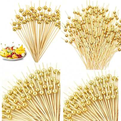 10/50/100/200pcs Gold Cake & Fruit Picks - Elegant Dessert, Party Decor, Birthday Wedding, Durable, Suitable For Cake Floral, Wedding Decoration, Fashion Toothpicks, Sturdy Design, Essential For Dessert Lovers