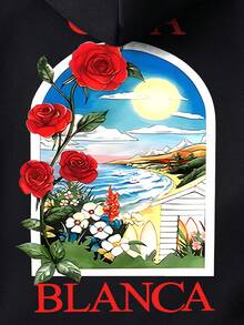 Cotton men's top, rose beach pattern sweatshirt, men's black drop shoulder sweatshirt, thick fabric warm and loose hoodie for autumn and winter, suitable for cold weather. - 黑色5 - 查看 2