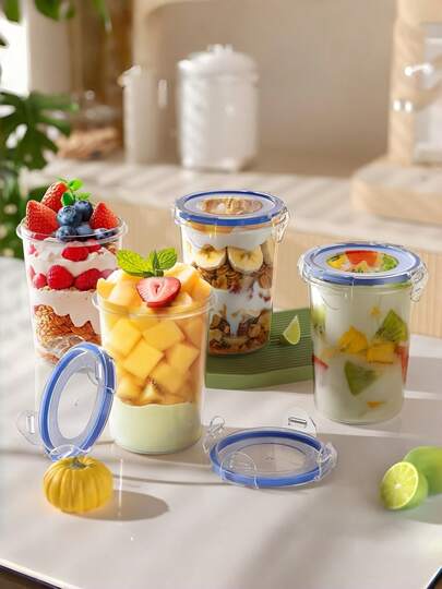 Återanvändbara 23oz/700ml läckagesäkra havregrynsbehållare över natten - Genomskinliga plastburkar för matförvaring med blå lock för yoghurt, soppa, flingor, mjölk med mera - Perfekt för frukost och snacks, skolstart, skolmaterial, skolmaterial 1 st