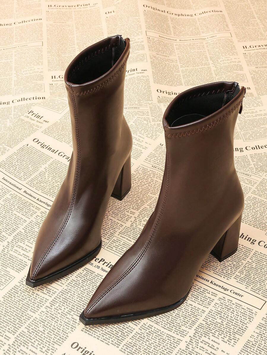 2025 Autumn/Winter New Fashion Pointed Toe Thick Heel Short Boots, Brown Leather High-End Slim Fit Ankle Boots With Back Zipper, Versatile And Elegant,High Heels - Brown - View 1