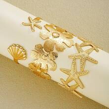 3 pièces Ensemble de bracelets en métal vintage avec design exagéré de fleurs, étoile de mer et coquillage, convient pour un port quotidien et en cadeau - Doré - Voir 2