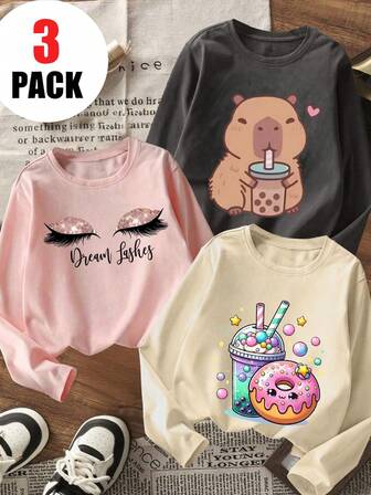 3pcs/Set Girls Casual Printed Crew Neck Long Sleeve T-Shirts, Autumn Student Young Clothing - Fashionable Eyelash, Dessert, Dolphin Graphic Tees That Will Make Kids Smile