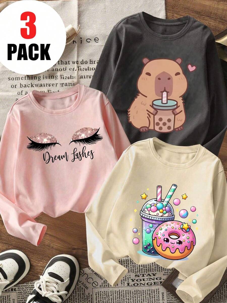 3 Stücke/Set Mädchen Lässig bedruckte Rundhals Langarm T-Shirts, Herbst Schüler Junge Kleidung - modische Wimpern, Dessert, Delfin Grafik T-Shirts, die Kinder zum Lächeln bringen